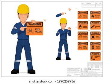 Set of industrial worker is presenting warning sign on white background