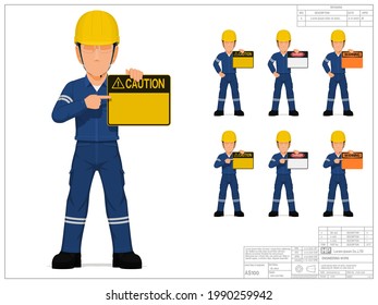 Set of industrial worker is presenting warning sign on white background