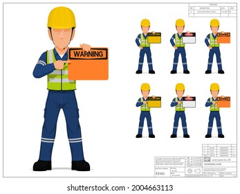 Set of industrial worker is presenting warning sign on white background