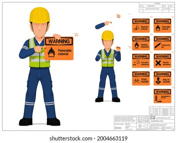 Set of industrial worker is presenting warning sign on white background