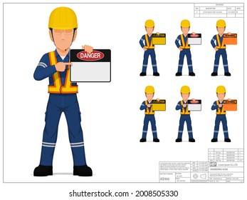 Set of industrial worker is presenting warning sign on white background