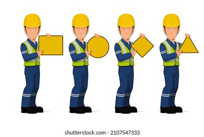 Set of industrial worker is presenting warning sign on white background
