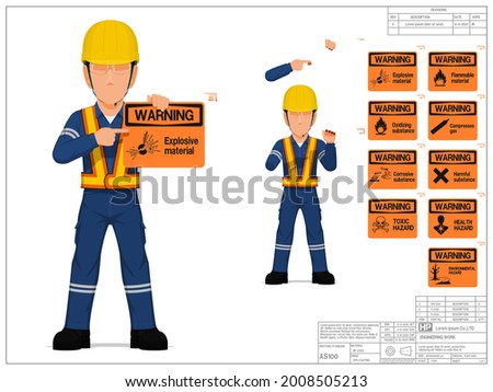 Set of industrial worker is presenting warning sign on white background