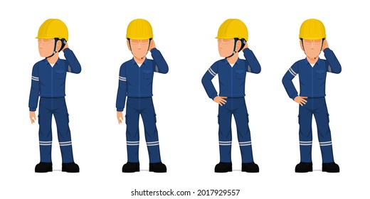 Set of industrial worker put his hand on his head on white background