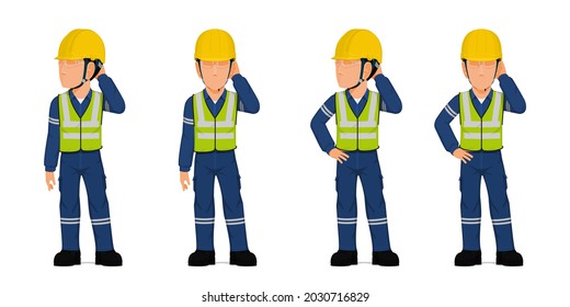 Set of industrial worker put his hand on his head on white background