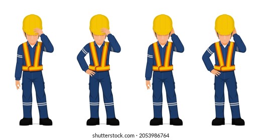 Set of industrial worker put his hand on his head on white background