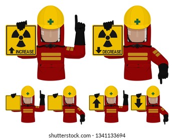Set of industrial worker with Radiation protective suit is gesturing hand sign ( increase,decrease)