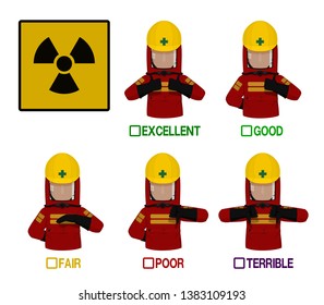 Set of industrial worker with Radiation protective suit is presenting satisfaction level