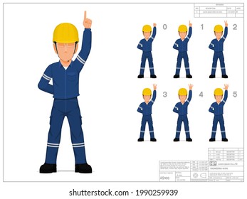 Conjunto de trabajadores industriales levantan mano 0-5 sobre fondo blanco