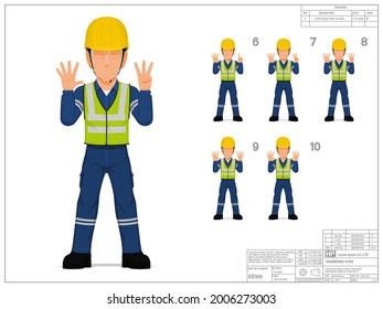 Set of industrial worker raise hand 6-10 on white background