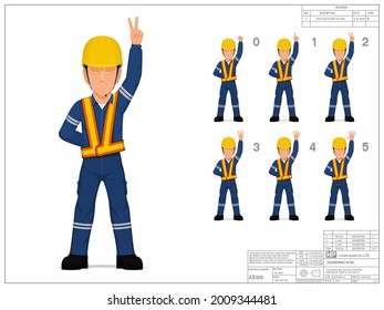 Conjunto de trabajadores industriales levantan mano 0-5 sobre fondo blanco