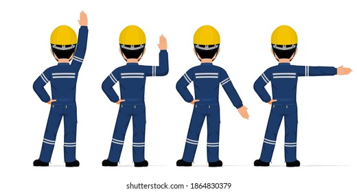 Set of industrial worker raising hand in different positions on white background