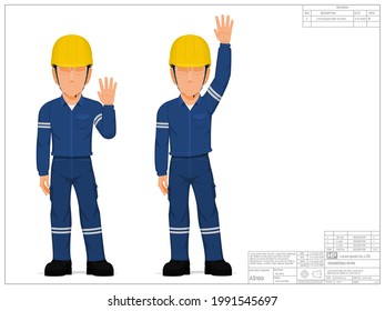 Set of industrial worker raising hand on white background