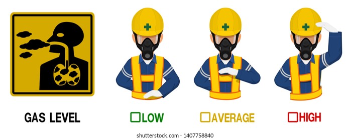 Set of industrial worker with respirator is gesturing hand sign ( Low,Average,High) 
