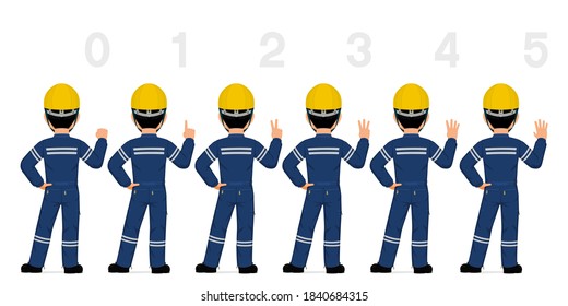 Set of industrial worker showing 0-5 hand sign on white background