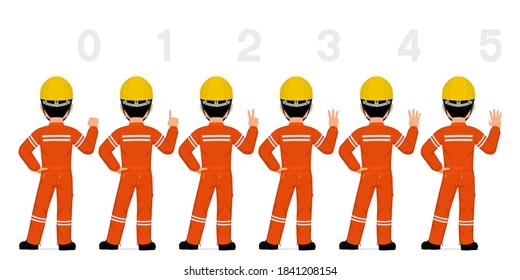 Set of industrial worker showing 0-5 hand sign on white background