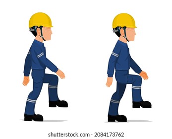 set of industrial worker is stepping up the stair on white background