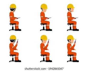 set of industrial worker is talking with the walkie-talkie