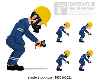 Set of industrial worker using pyrometer for measuring temperature.

