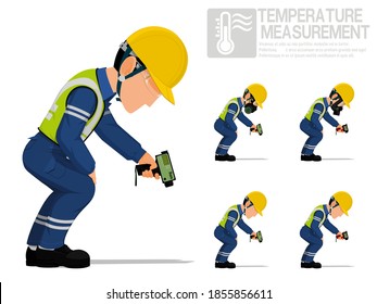 Set of industrial worker using pyrometer for measuring temperature.
