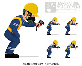 Set of industrial worker using pyrometer for measuring temperature.