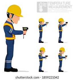 Set of industrial worker using pyrometer for measuring temperature.
