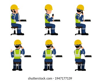 set of industrial worker is using telephone