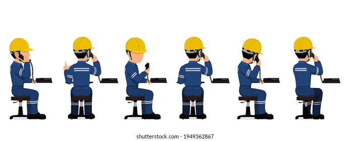 set of industrial worker is using telephone