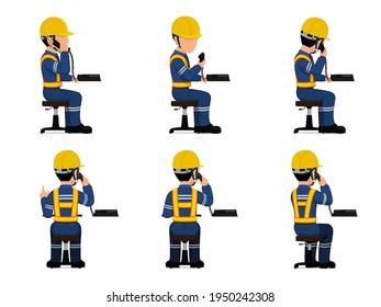 set of industrial worker is using telephone