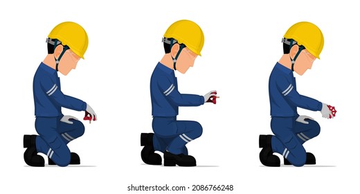 set of industrial worker with valve handle on white background