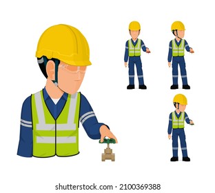 set of industrial worker with valve handle on white background
