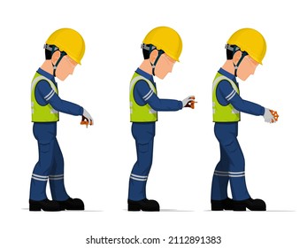 set of industrial worker with valve handle on white background
