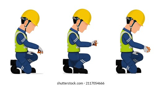 set of industrial worker with valve handle on white background
