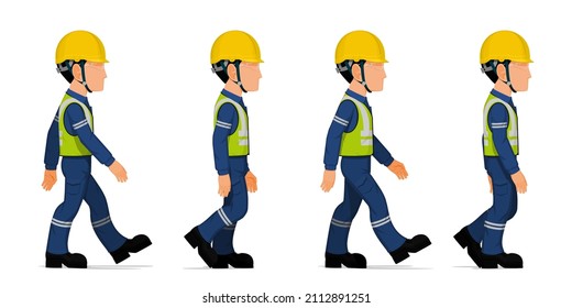 set of industrial worker is walking on white background
