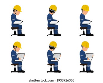 set of industrial worker is working with his document