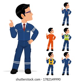 Set of industrial workers with crossed fingers, hand sign.
