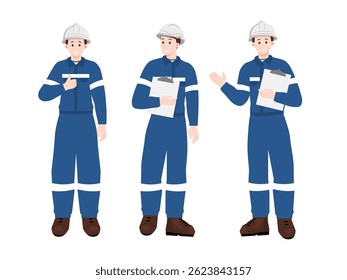 Set of industrial workers or engineers in blue safety uniform and hard hats. Different poses with clipboard.