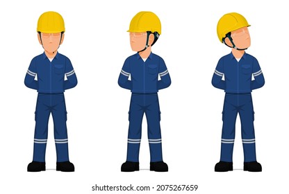 set of industrial workers in the position of parade rest.