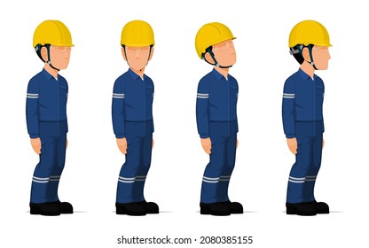 conjunto de trabajadores industriales en posición de atención permanente.