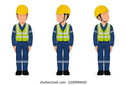 set of  industrial workers in the position of sanding attention.
