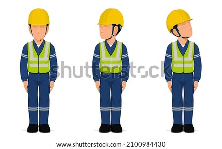 set of  industrial workers in the position of sanding attention.
