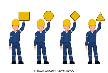 set of industrial workers are raising empty sign overhead