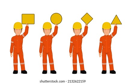 set of  industrial workers are raising empty sign overhead

