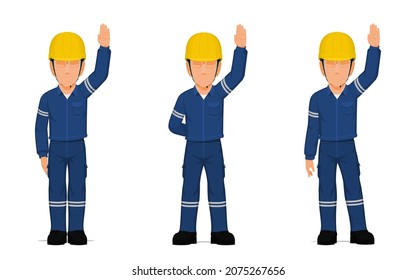 set of industrial workers are raising his hand overhead