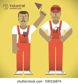 Set of industrial workers in red uniform with professional instruments on yellow background isolated vector illustration