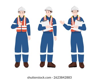 Set of industrial workers in safety uniform holding clipboard, showing thumb up and explaining during inspection or factory supervision.