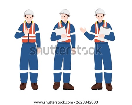 Set of industrial workers in safety uniform holding clipboard, showing thumb up and explaining during inspection or factory supervision.