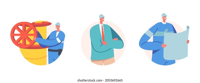 Set of Industrial Workers in Uniform with Blueprint Plan near Pipeline. Male Characters Work on Oil or Gas Extraction Industry. Oilmen Engineers Occupation. Cartoon People Vector Illustration, Icons