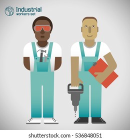 Set of industrial workmen in uniform with tools on white background with grey shade isolated vector illustration
