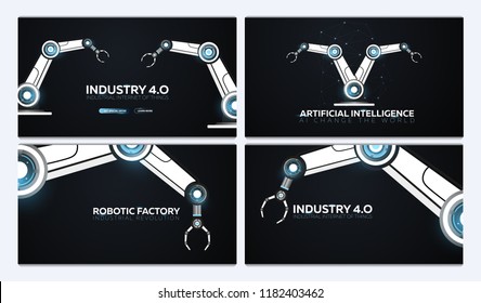 Set of Industry 4.0 banners with robotic arm. Smart industrial revolution, automation, robot assistants. Vector illustration